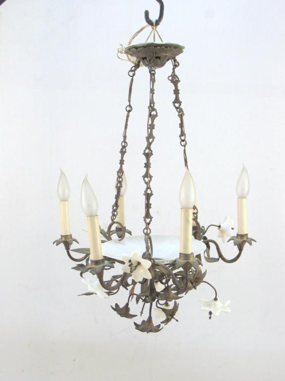 French Gilt Metal and Opaline Chandelier: Link chains with Opaline and gilt metal flowers and pistols with Opaline bowl. 20" dia x 26" h (From a 1025 Fifth Avenue Estate)