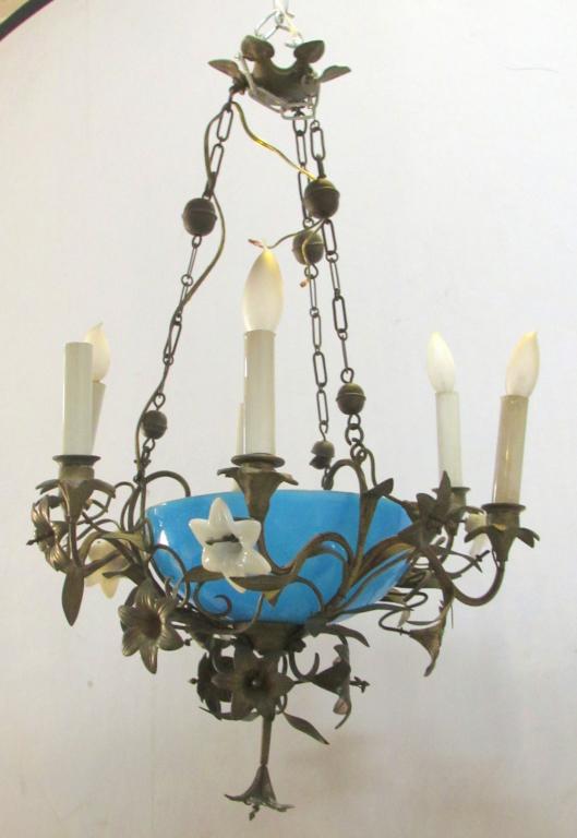 French Gilt Metal and Opaline Chandelier: 6 lights. Clover cap above blue Opaline bowl with gilt metal flowers and white Opaline flowers. 17" dia x 25" h (From a 1025 Fifth Avenue Estate)