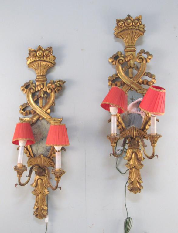 Pair Gilt Carved 2 Arm Sconces (1 of 6)