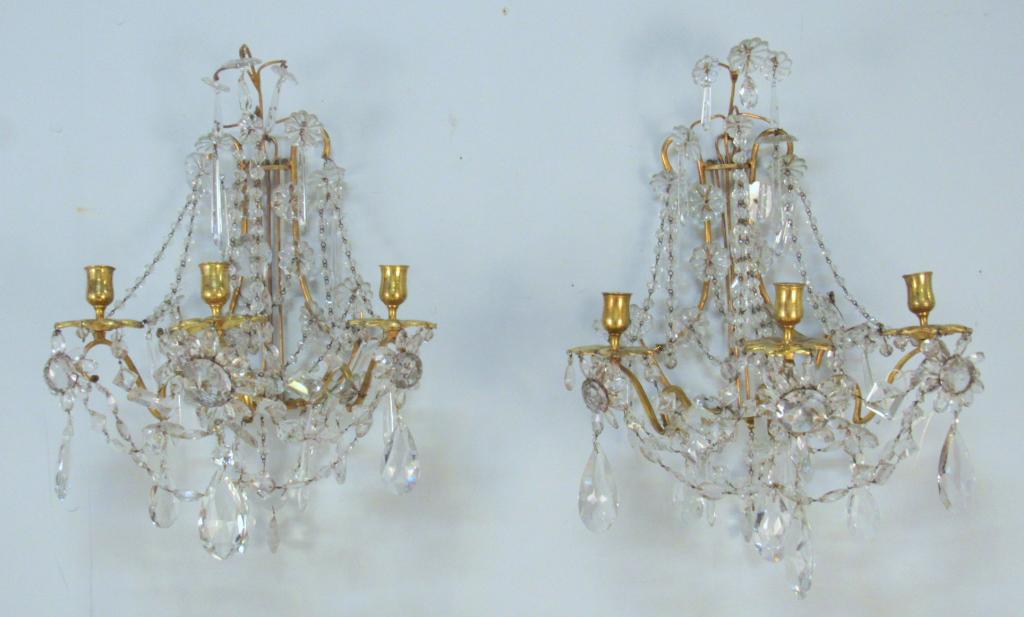 Pair of French Brass 3 Arm Sconces (1 of 7)