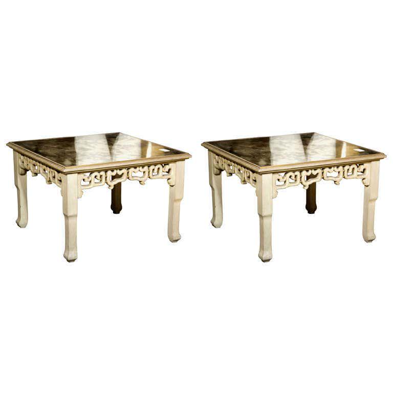 Pair of Glass Top Squared End Tables (102-3314) ****: Oriental style painted & glass top square end tables 24.5" x 24.5" x 16" **** Previously listed as stamped Jansen****