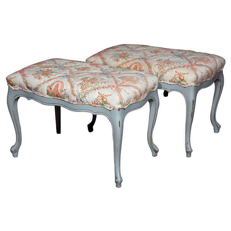 Pair Swedish Provincial Style Benches (102-7580): Gray-blue painted Swedish Provincial style bench upholstered in quilted cotton. There is staining throughout. the upholstery will need to be cleaned. 28" x 18" x 18"