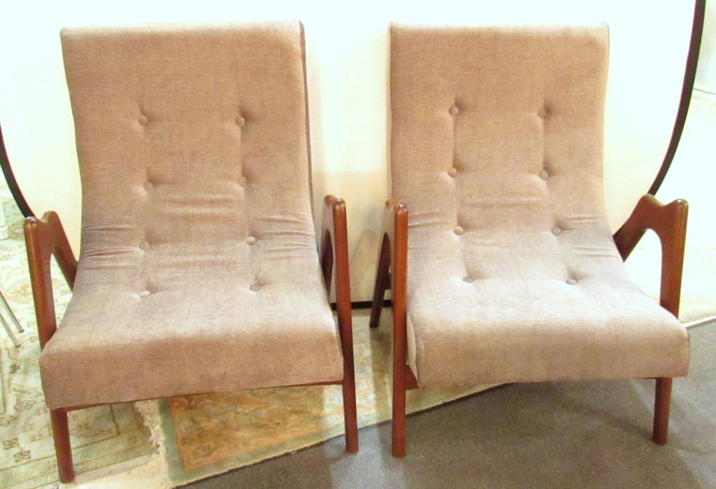 Pair Mid Century Danish Style Arm Chairs: Vladimir Kagan inspired half arms on a "C" form seat. 23" x 23" x 33.5"