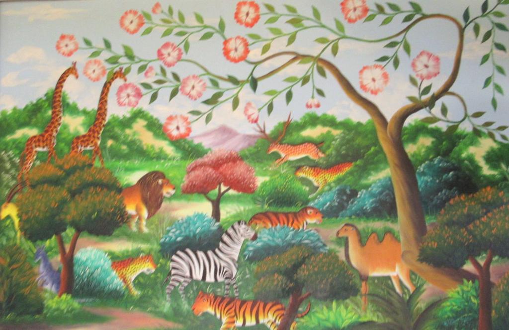 ** Signed Illegibly- Oil on Canvas: Safari scene. Wooden frame with fish design. Signed lower right. 23.5 x 36" (30" x 42") *Updated pictured with signature*