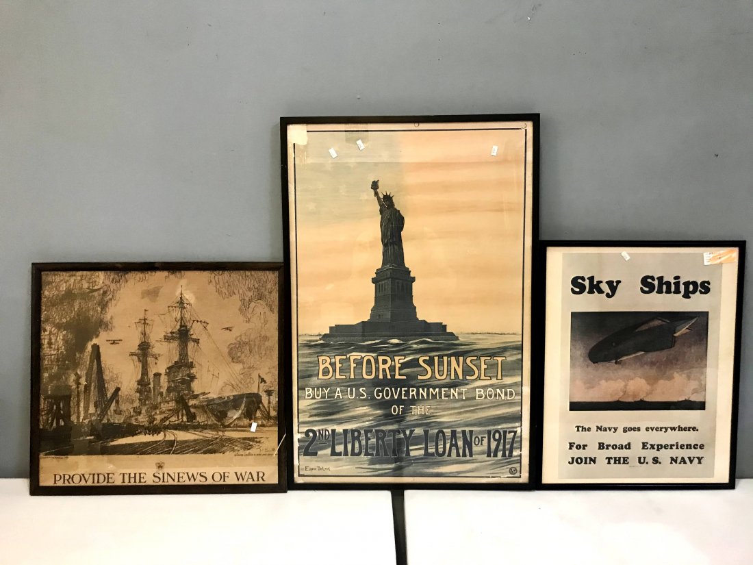 3 Prints: "Sky Ships"; "Provide the Sinews of War" ; "Before Sunset, Buy Any Government Bond" Smallest: (20.75" x 16.75") Medium: (19.25" x 21.25") Largest: (30.25" x 20.25")