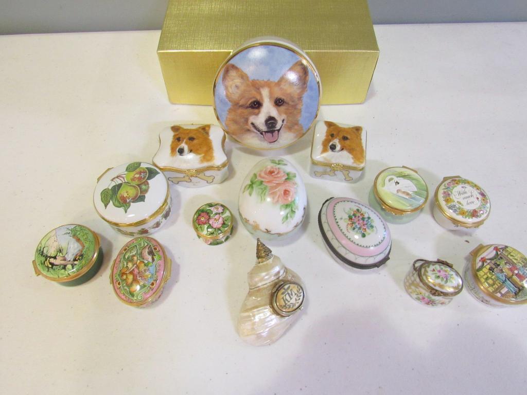 Assorted Small Pill Boxes / Snuff Boxes: Hand painted, Corgi, Limoges, Halcyon Days, floral, fruit, etc. decorated. Largest: 3.5" x 1.5" (From a Rowayton CT Estate)
