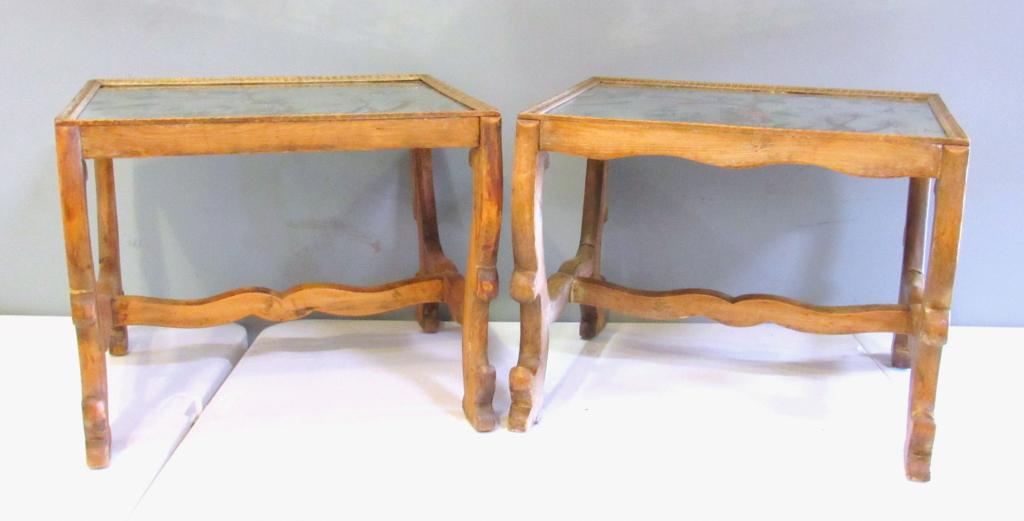 Pair Eglomise Top Low Lamp Tables: Reverse painted and mirrored glass, carved frames, Louis XIV Style. 19.5" x 18" x 15" (From an 870 UN Plaza, NYC Estate)