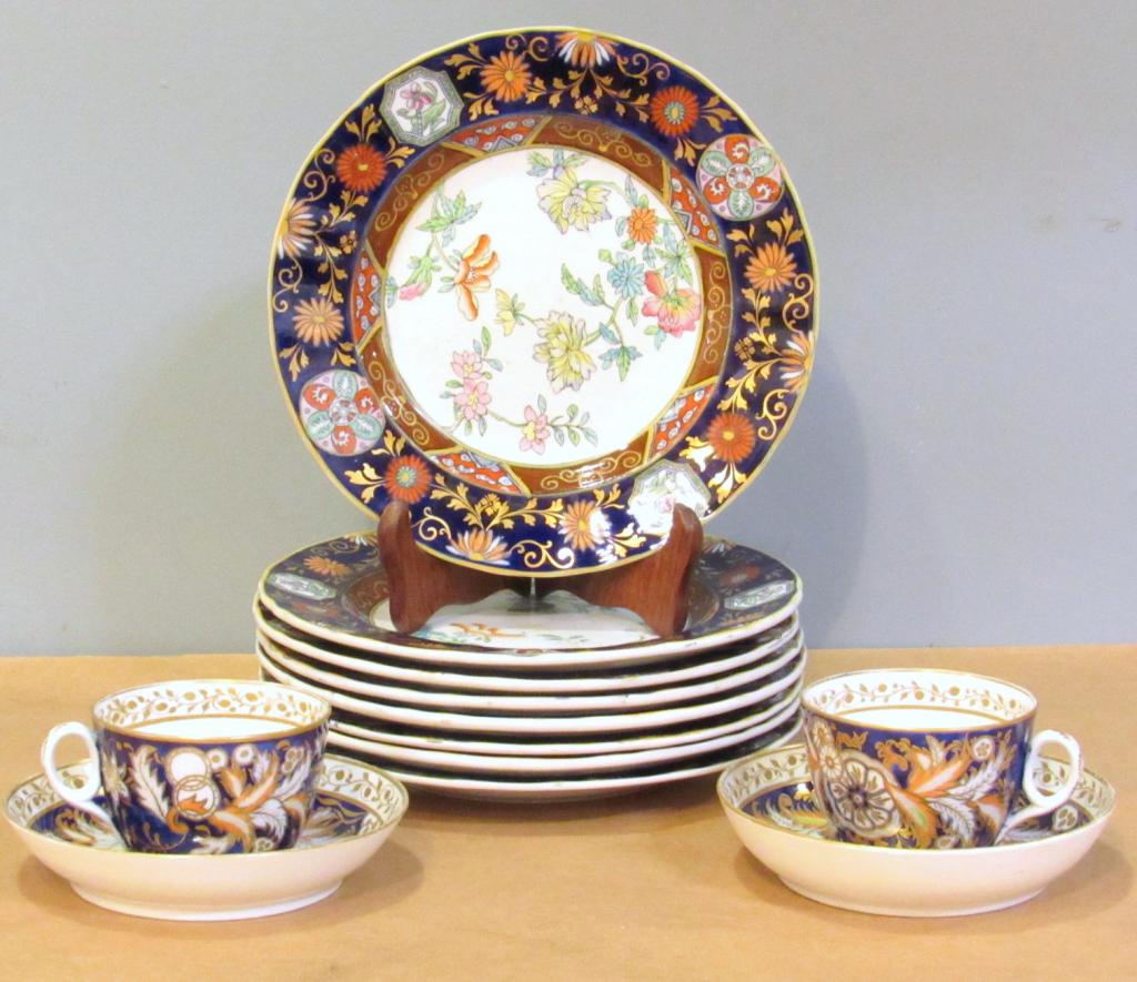 12 Piece Tea Set: 2 tea cups, 2 bowls, 8 plates. Floral design. Ashworth Real Ironstone, China. Largest plate: 8.5" dia (From an 870 UN Plaza, NYC Estate)