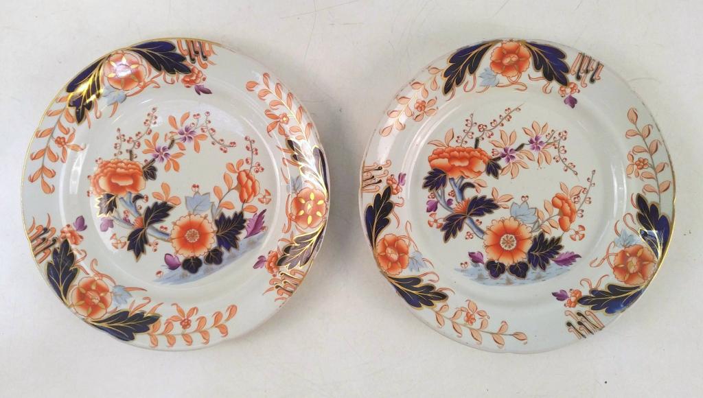 Pair Antique Davenport Imari Plates: Each with one chip and blue mark. 9.5"dia.