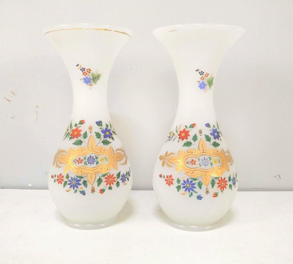 Pair White Opaline Flare Top Vases: Painted and gilt. 5.5"dia X 11.5"h