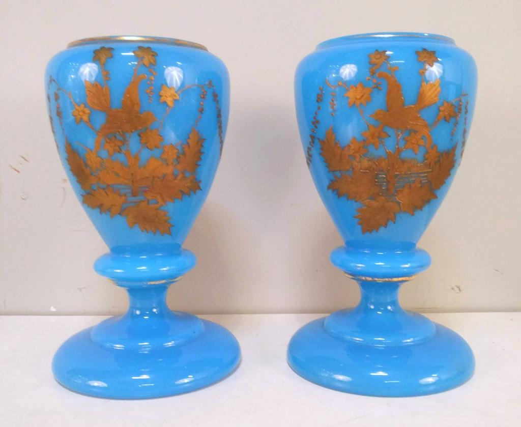 Pair Blue Opaline Vases: Gilt birds among flowers and leaves design. 7"dia X 12" (From a 1025 Fifth Avenue Estate)