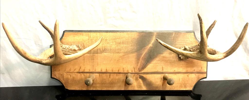 Mounted Antler Coat Rack: Wood back. 8" x 20" (From a Rowayton, CT Estate)