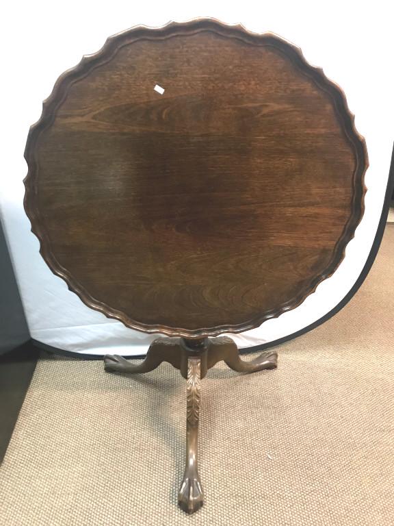 English Mahogany Tip Table: Piecrust top (carved lip gallery), birdcage post on tripod ball and claw feet. 29.25" x 31" (From a Rowayton, CT Estate)