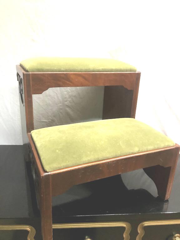 Antique Mahogany Small Library Step: Green velvet upholstery. 18' x 9.5" x 16.5" (From a Rowayton, CT Estate)