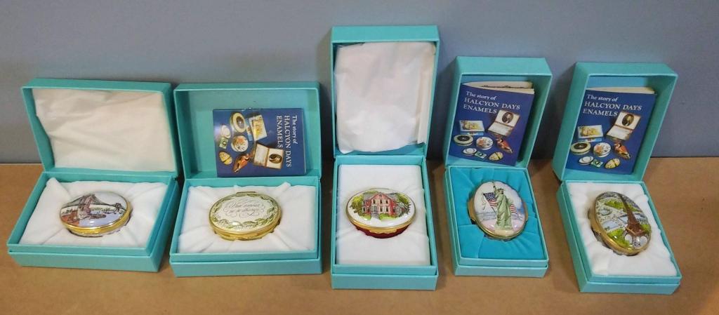 5 (Five) Halcyon Days Designed by Tiffany Boxes: Pill / snuff / trinket enamel boxes in gift boxes. Brooklyn Bridge, etc. Statue of Liberty is Music Box (over-wound). In gift boxes.