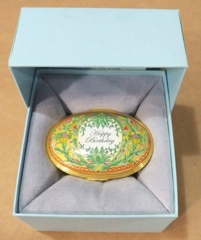 Halcyon Days Happy Birthday Music Box: Plays Happy Birthday (obviously). In original gift box. Enamel box.