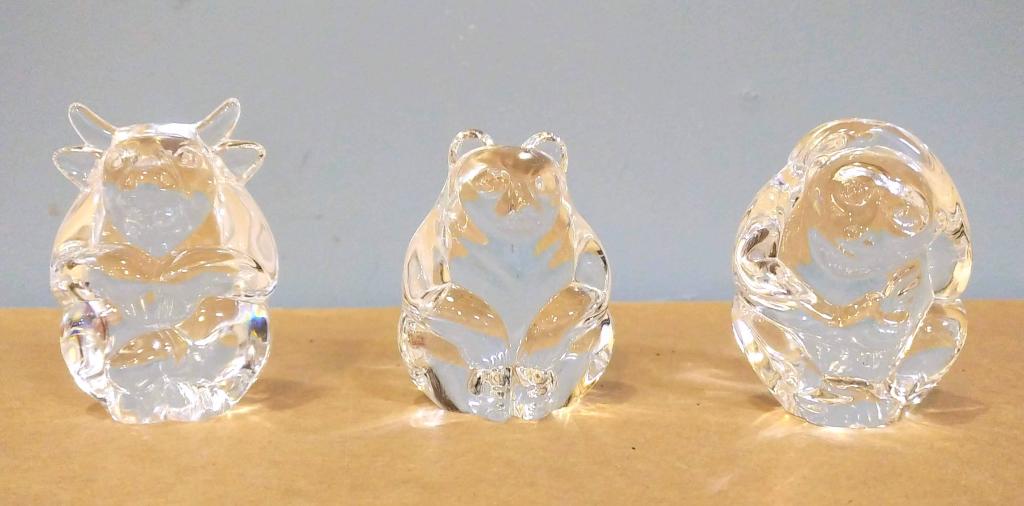3 Steuben Hand Warmers: Bull (extremely small chip on horn), Bear, and Monkey. Steuben pouches. (From a Scarsdale NY Estate)
