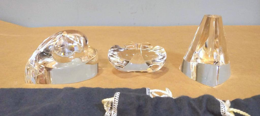 3 Steuben Heart Shaped Articles: One signed Eric Hilton Steuben. Conical one with a very very tiny chip. Steuben pouches. (From a Scarsdale NY Estate)