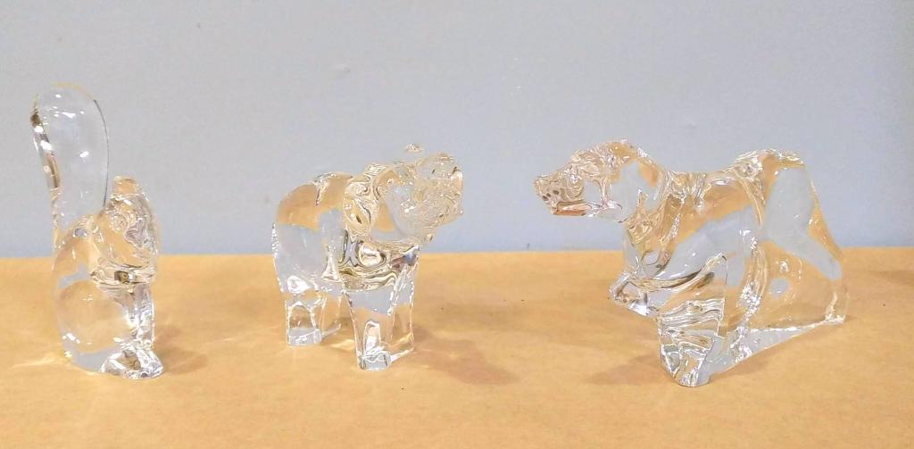 3 Baccarat Crystal Animals: Squirrel (feather chip on tail), Elephant and Hound / Pointer. (From a Scarsdale NY Estate)