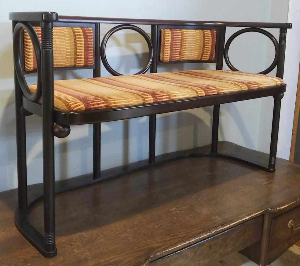 Art Deco / Mid Century Settee: Bentwood style, with upholstered back and seat and outer lower stretcher. 48" X 20" X 28"h Labeled "Hoffmann made by Wittmann Austria". (From an 870 UN Plaza Estate)