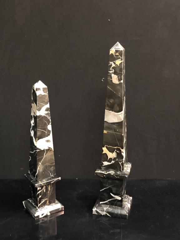 Pair of Black and White Marble Obelisks: Largest: 4" x 20" x 24" Smaller: 15" x 4"