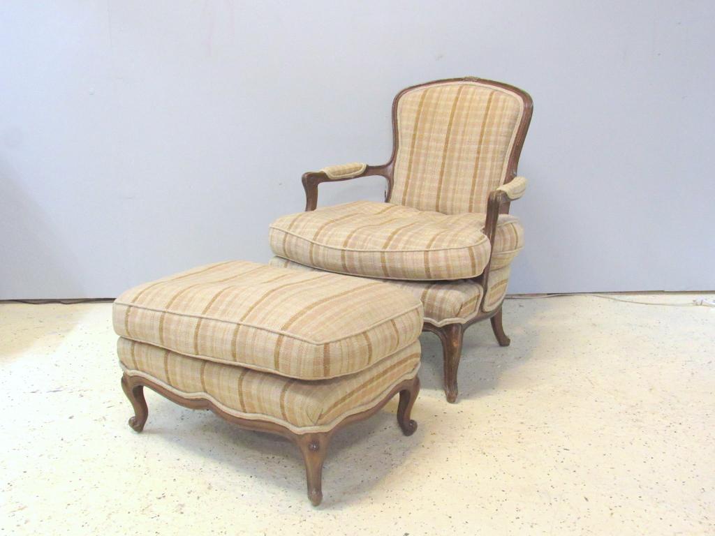 French Style 2 Part Chaise Lounge: Tweed upholstered fauteuil and ottoman. 31" x 35" x 37" (From an 870 UN Plaza, NY Estate)