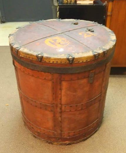Large Vintage Drum Case: Metal mounted heavy leather and canvas. Monogrammed CR on top. 26"dia X 30"h