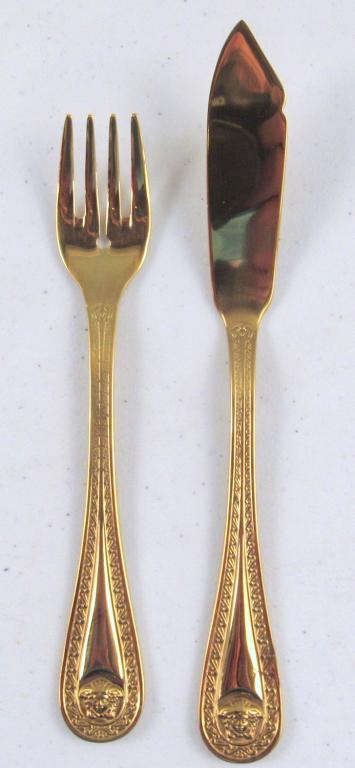24 Pc. Versace for Rosenthal Gold Plated Fish Set: 24 Piece 24K Gold Plated Fish Set, Versace Medusa Pattern for Rosenthal. Excellent Condition. (Retail $2000+)