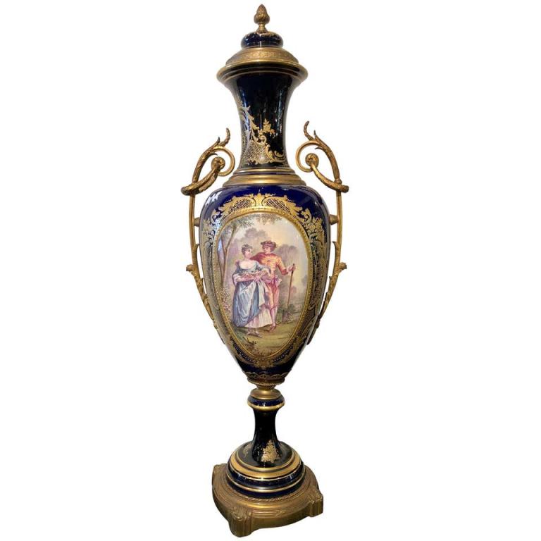 Large Cobalt Blue Pictorial Sevres Vase with Lid (1 of 9)
