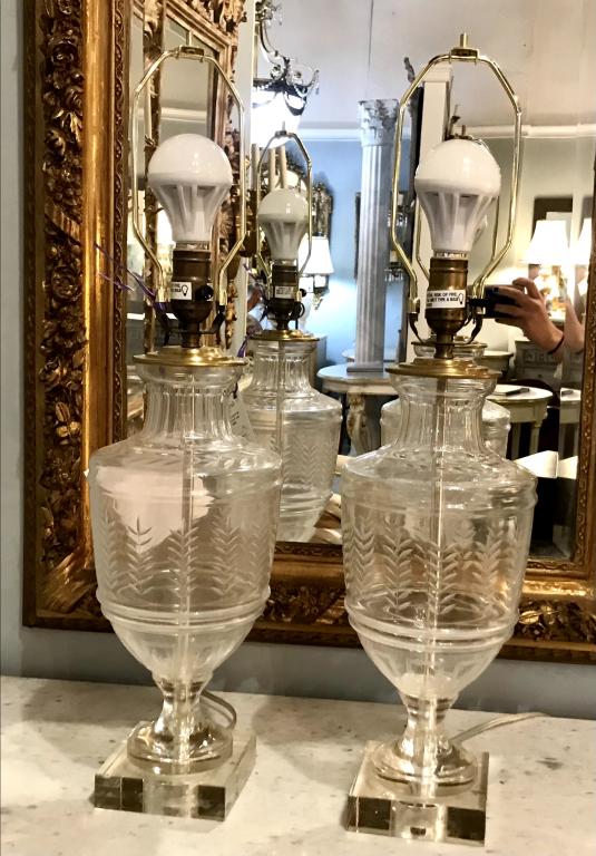 Glass Etched Design & Lucite Base Table Lamps (1 of 8)