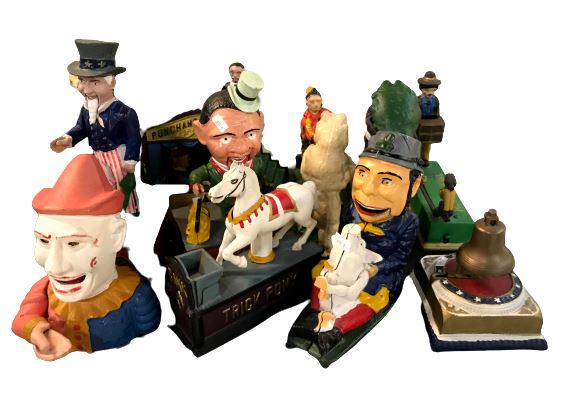 Lot of Reproduction Iron Painted Banks: 1 depicts a dentist pulling a tooth. 1 depicts monkey jumping onto owner's box (Monkey Bank), 1 small man where bag opens, carousel horse head is pushed down opens food bin, colorful clown, and Punch 