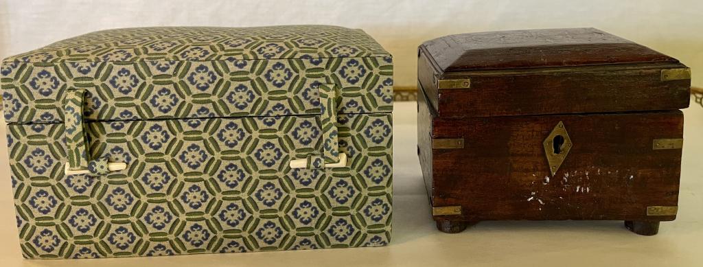 2 Decorative Boxes (101): 1 wooden box with mirror inside and 1 fabric box with fabric interior. Wear is consistent with age, some scratches and marking. Larger measures: 7" X 5" X 4"