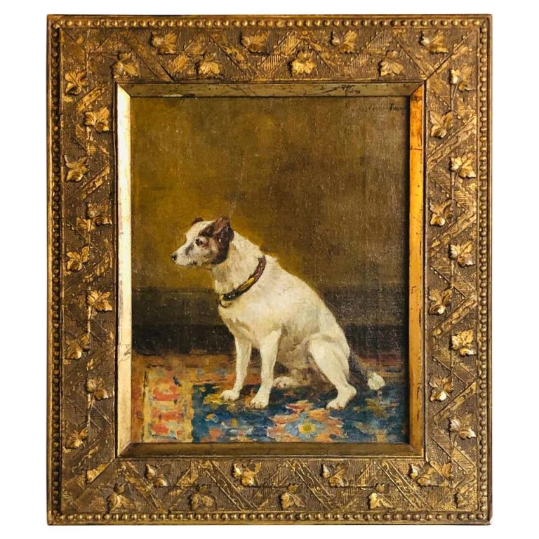 Oil on Canvas of a Dog, Jay Hamilton: 19th century oil on canvas of a sitting dog "A Thoughtful Moment" by Jay Hamilton (1875-1913).This finely painted still life is in fine condition and is mounted in its original finely carved leaf deco