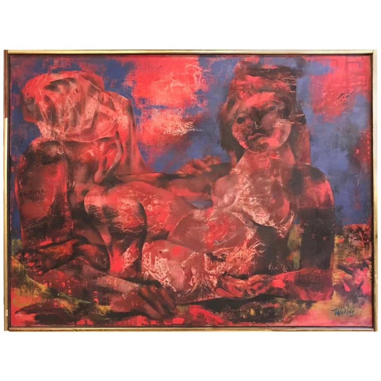 Joseph Wolins Painting: Joseph Wolins Mid-Century Modern painting titled two figures II American red and blue colors unframed. Wear consistent with age and use. Minor fading. Measures: 40" X 29". (102-1815)