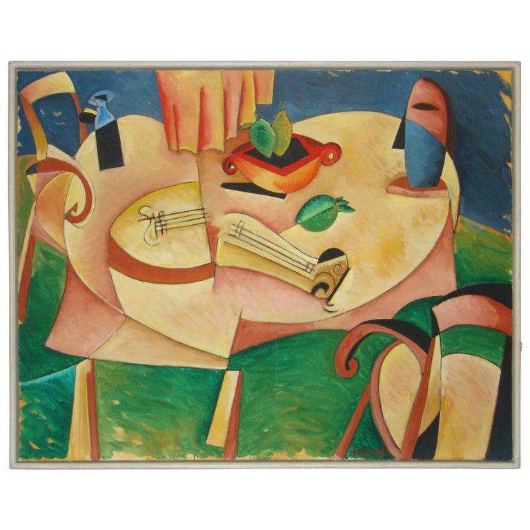 Signed L. Forsstrom - Abstract on Canvas: A phenomenal, abstract painting. Singed L.Forsstrom depicting a person sitting at a table, surrounded by his guitar, fruits, chairs and other objects. This piece will bring vibrancy to any room or off