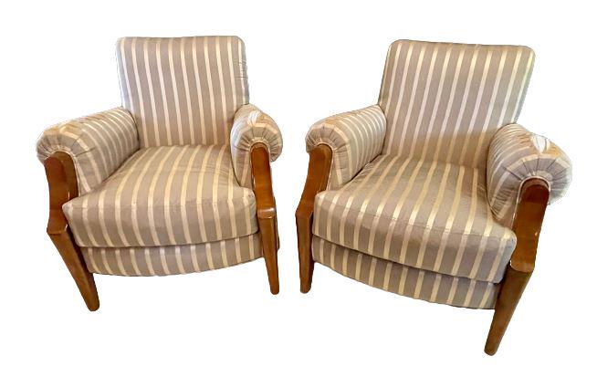 Pair of 1940s Batistin Spade French Club Chairs: 1940s Batistin Spade. Needing re-upholstery, Please see pictures, there are rips on the arms. Measures: 33" w x 36" deep x 34.5" h Seat height: 20" (From an 870 UN Plaza Estate)