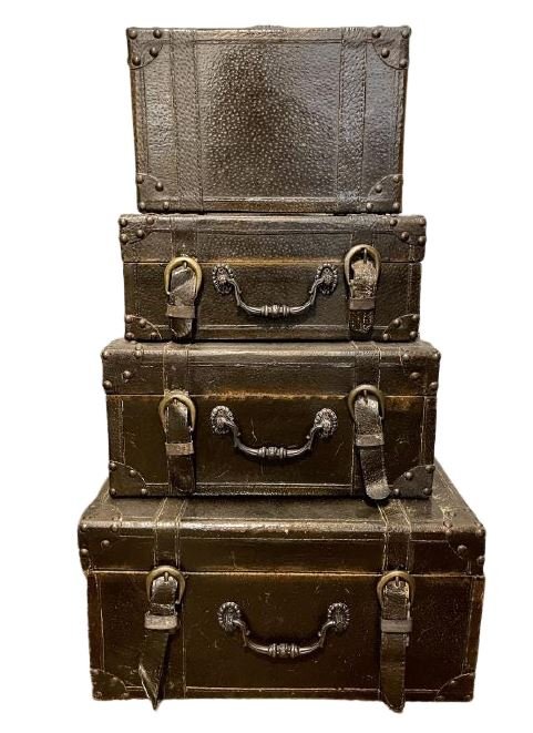 Stack of Four Decorative Suitcase: Stack of Four Decorative Suitcase (101-4955). Smallest: 11" x 7" x 4.5" and Largest 16" x 12.5" x 8". Wear is consistent with age. Minor loss and fading.