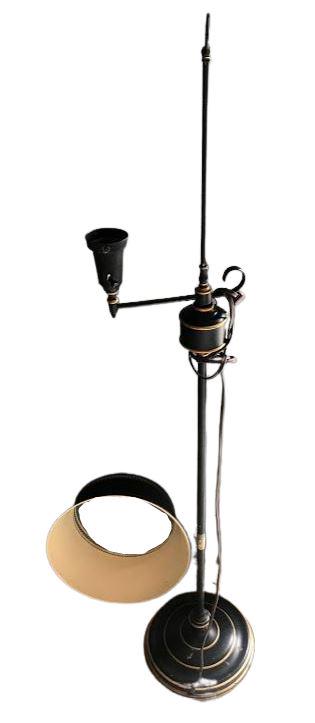 Floor Lamp: Wear is consistent with age. Missing bar to keep shade intact with lamp. Measures: 57" h ( From a fine Greenwich CT Estate.)