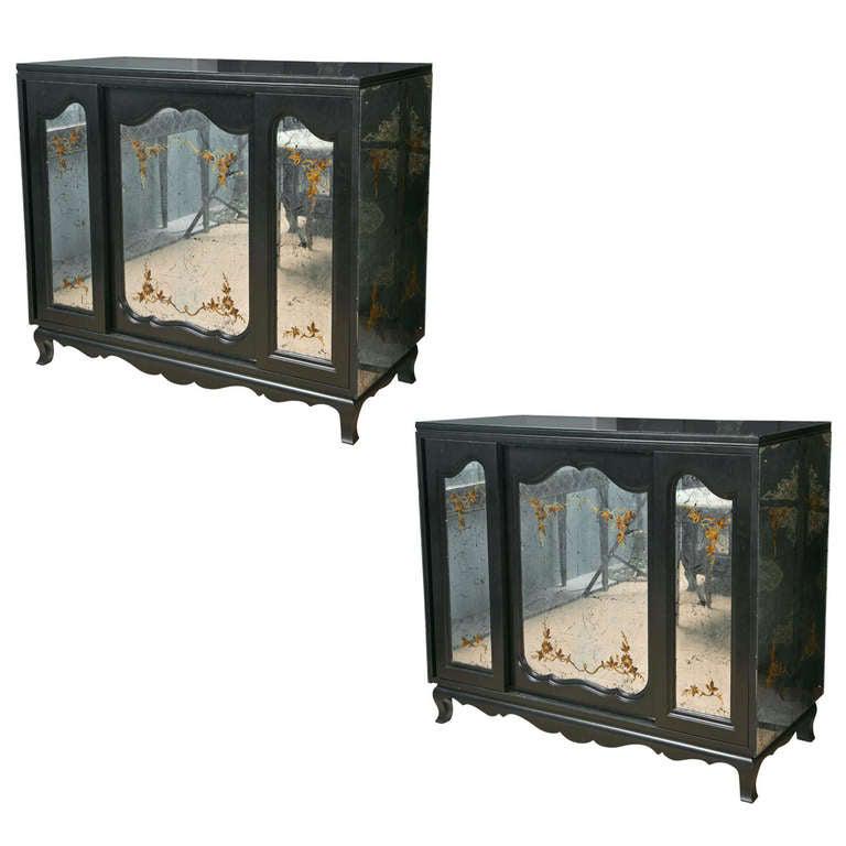 Jansen Style Pair John Stuart Eglomise Ebony Cabinets (1 of 9)