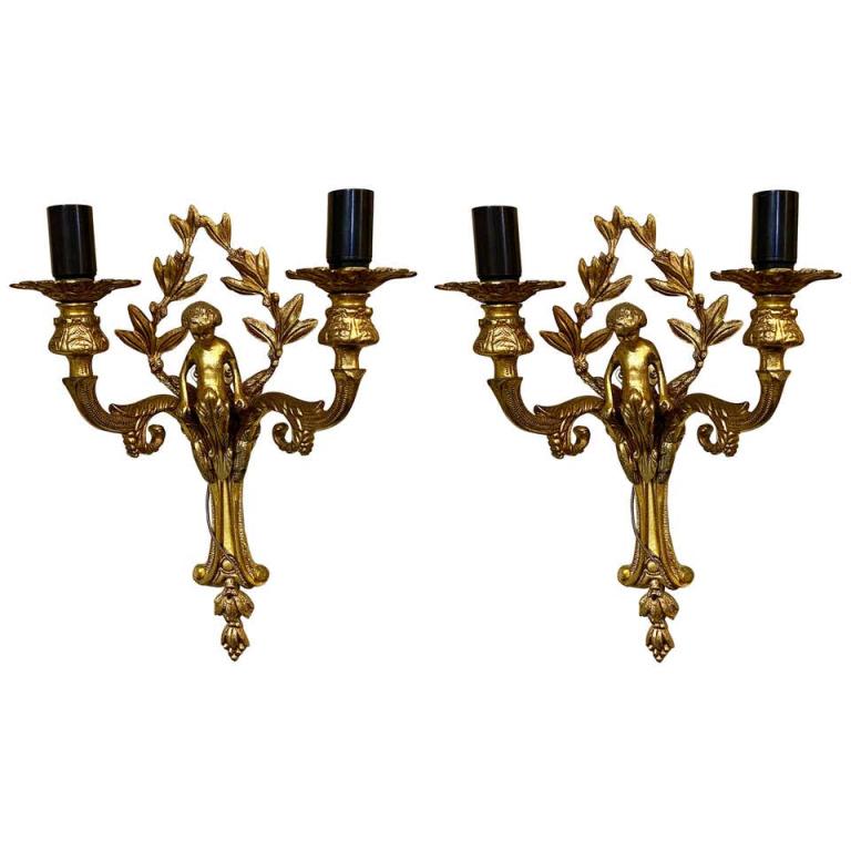 Pair of Wall Sconces Having Cherub and Ribbon (1 of 6)