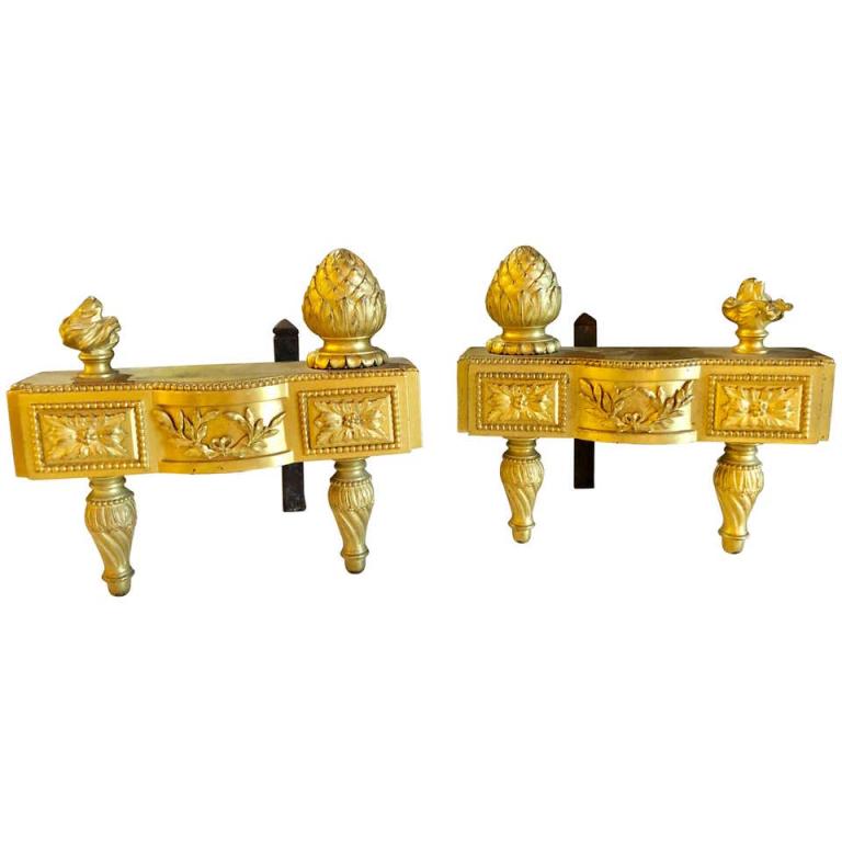 Pair of Bronze Dore Louis XVI Style Andirons (1 of 9)