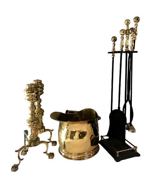 Pair of Andirons & Bucket: Gilt. Wear is consistent with age, some fading and loss, pictured. Bucket measures: 10" x 13.25" Stand 25.5" h, Shovel measures 27" h.