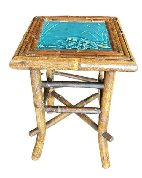 19th C. Bamboo Porcelain End Table (30): 19th Century. Blue porcelain tile. Wear is consistent with age. Minor scratches. From a Greenwich, CT Estate. Measures: 18.5" h x 12.5"