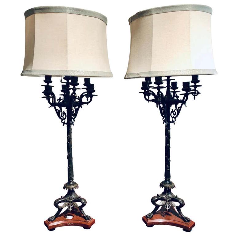 19th Century Empire Bronze and Marble Candelabra Lamps (1 of 18)