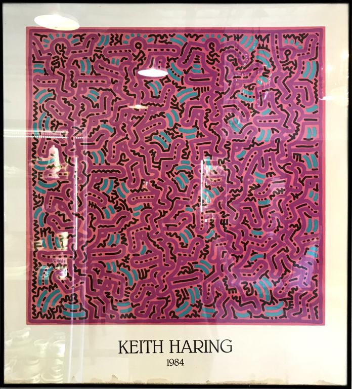 Keith Haring - Lithograph: Printed in France. Wear consistent with age. There is staining towards the bottom, pictured. Measures: 27.10" x 29.90" From a fine Greenwich CT Estate.