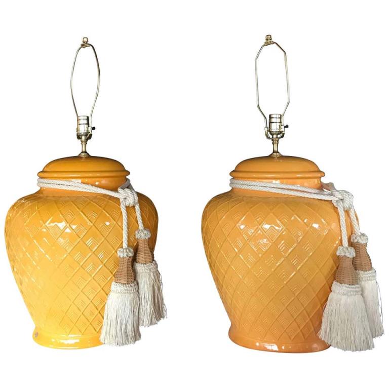 Pair of Yellow Glazed Ceramic Lidded Vases (1 of 8)