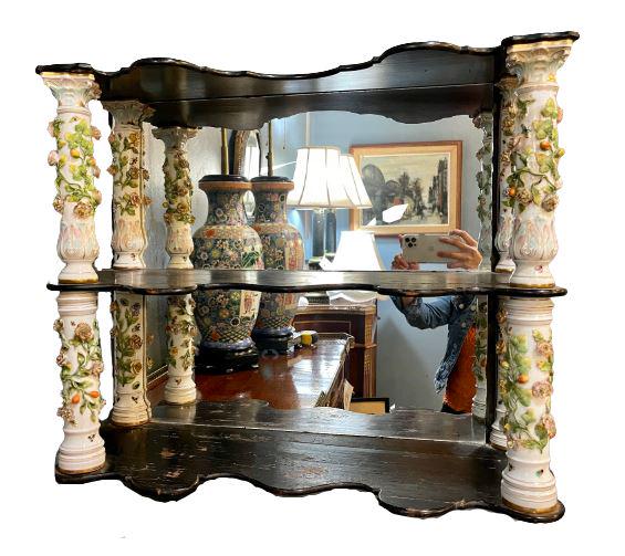 2 Tier Floral Porcelian Decorated Shelf: Floral decorated. Wear is consistent with age. Minor loss and fading. (102-4028)