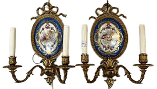 Pair Marked Sevres France Bronze Wall Sconces: Signed at the back of the frame. Good condition. Minor fading. Measures: 11" x 6" x 14". (422-76)