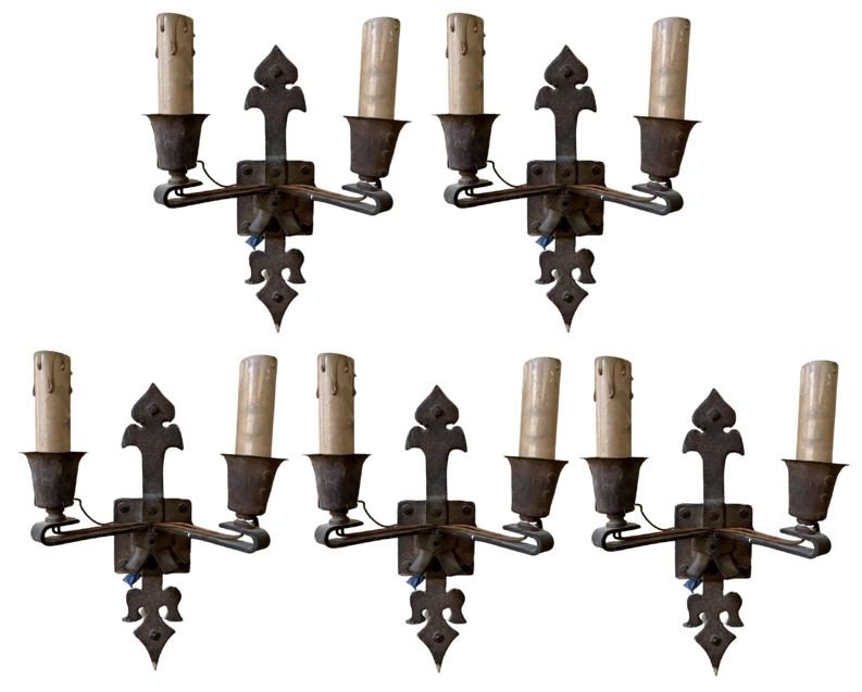 Set of 5 Iron Two Light Wall Sconces (1 of 8)