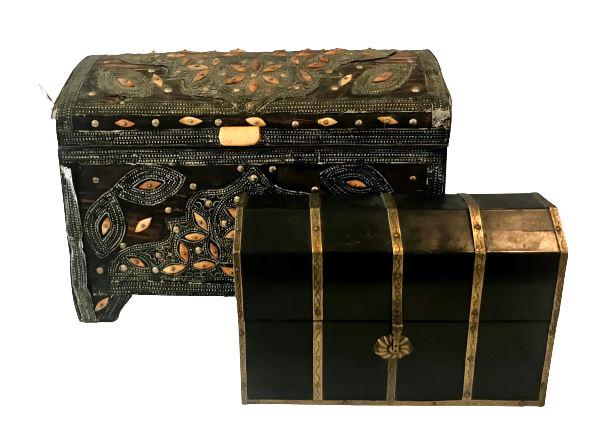 Dowry Chest & Wooden Chinese Jewelry Chest: Velvet interior. Some wear and scratches, as pictured. The smaller chest has a looser hinge. and a dent, pictured. 1 drawer on the side. Larger chest measures: 19.75" x 11.25" x 14.3" h Smaller chest 